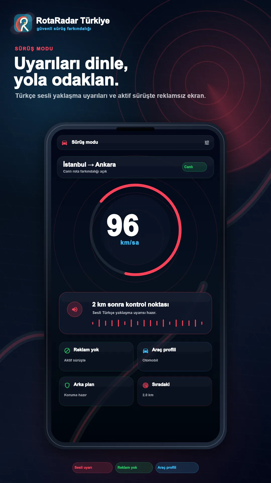 RotaRadar sürüş modu ekranı